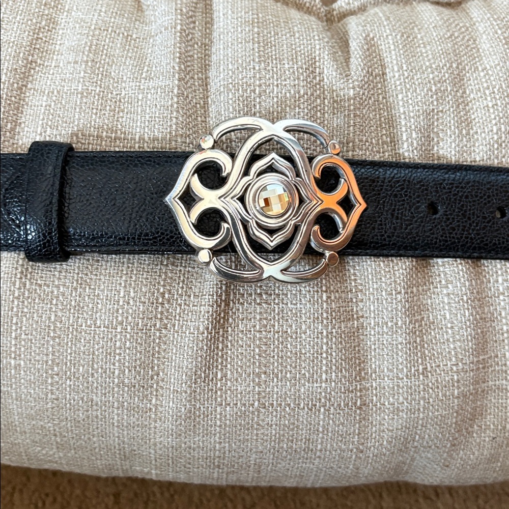 BRIGHTON Black Leather Belt with Jewel Silver-Tone Buckle Size Small 30-32